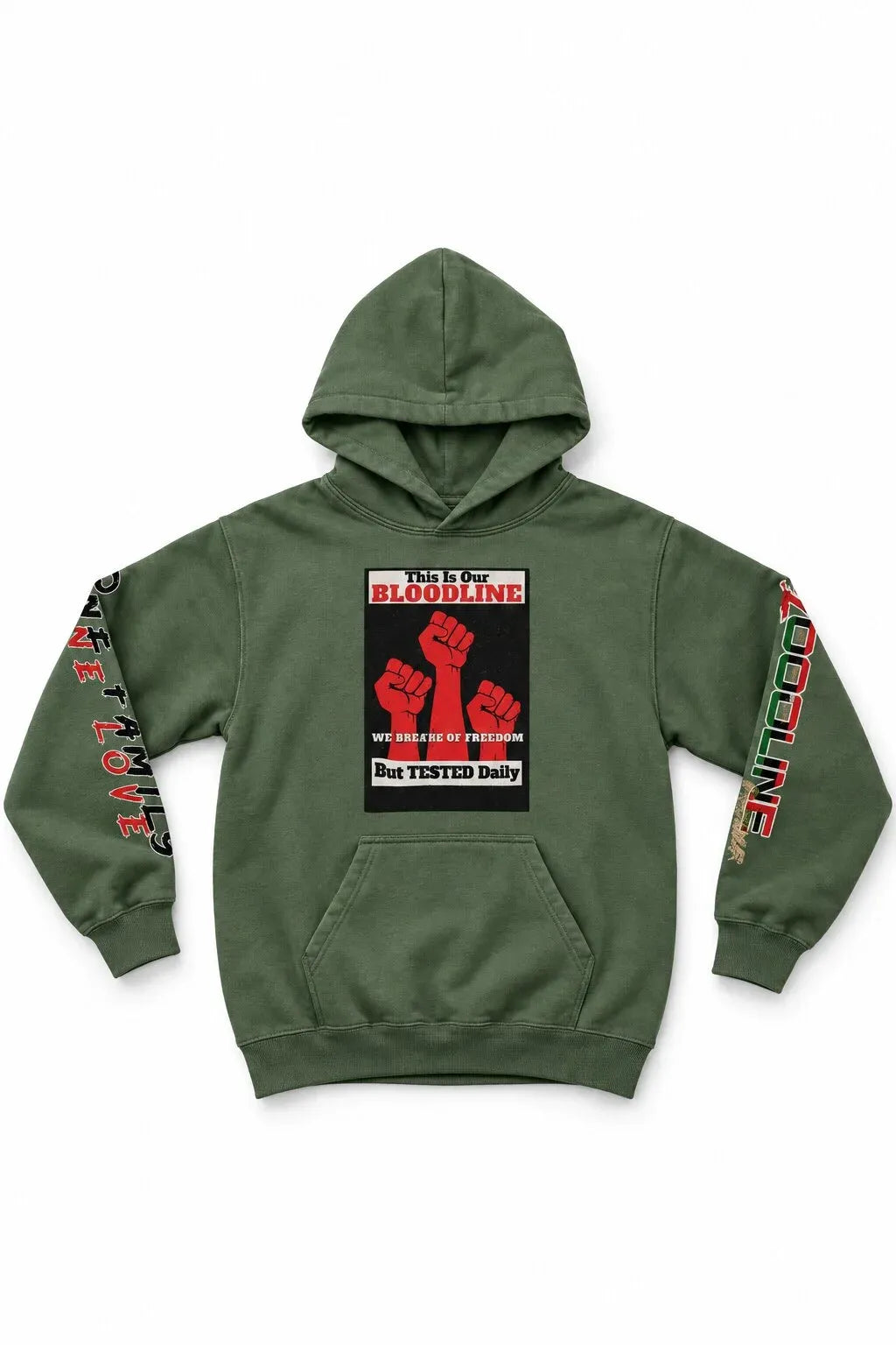 Green hoodie with graphic design on a white background